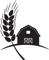 Serene Black and White Illustration of a Rustic Barn and Wheat, Idyllic Farm Setting, Peaceful Countryside Mood vector