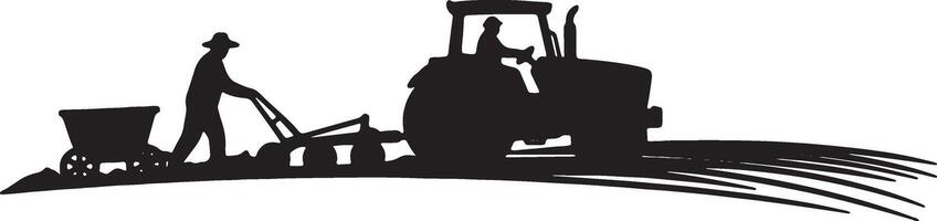 Serene Black Silhouette of Farmers Working the Land with Tractor and Plow in Rustic Countryside vector