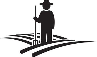 Serene Silhouette of a Farmer with Pitchfork Working on Peaceful Farmland Under a Sunny Sky vector