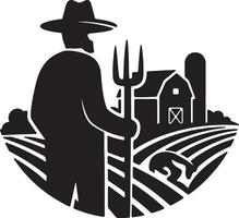 Serene Silhouette of a Farmer with Pitchfork in Rustic Farmland Setting at Sunset - Professional digital artwork with vibrant colors and detailed composition vector