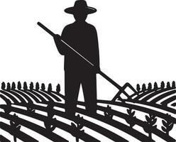 Serene Silhouette of a Farmer Cultivating Rows of Crops in a Peaceful Field at Sunset vector