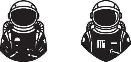Two Stylish Monochrome Astronaut Illustrations Retro Space Explorers in a Bold, Dark Aesthetic - Professional digital artwork with vibrant colors and detailed composition vector