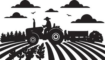Serene Black and White Illustration of a Farmer Plowing a Field on a Sunny Day vector