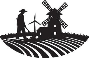 Serene Black and White Illustration of a Farmer Tending Fields with Windmill and Wind Turbine in the Background vector