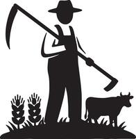 Serene Silhouette of a Farmer with Sickle in Rustic Field, Peaceful Countryside Mood - Professional digital artwork with vibrant colors and detailed composition vector