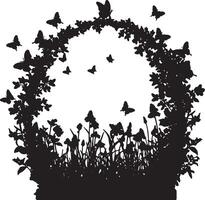 Serene Black and White Silhouette of Butterflies Dancing Around a Floral Wreath in a Peaceful Garden Setting vector