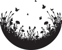 Serene Silhouette of Wildflowers and Butterflies in a Peaceful Meadow, Summertime Design - Professional digital artwork with vibrant colors and detailed composition vector
