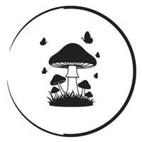 Serene Black and White Illustration of Mushrooms and Butterflies in a Magical Forest Setting - Professional digital artwork with vibrant colors and detailed composition vector