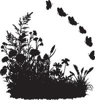 Serene Black Silhouette of Wildflowers and Butterflies Dancing in a Summer Meadow, Peaceful Nature Scene vector