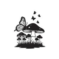 Enchanting Black and White Illustration of a Butterfly on Mushrooms in a Mystical Forest Setting vector