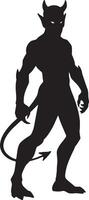 Mysterious Silhouette of a Menacing Devil, Standing in Shadow, a Dark and Ominous Figure with a Curving Tail. vector