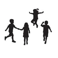 Joyful Children Playing Outdoors Silhouette of Kids Jumping, Running, and Holding Hands in a Playful Mood vector