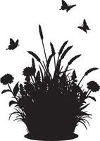Serene Black Silhouette of Wildflowers and Butterflies in a Peaceful Meadow, Elegant Nature Illustration - Professional digital artwork with vibrant colors and detailed composition vector