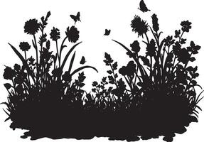 Serene Black Silhouette of Wildflowers and Butterflies in a Lush Meadow, Peaceful Nature Scene - Professional digital artwork with vibrant colors and detailed composition vector