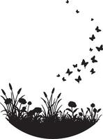 Serene Black Silhouette of Grassland with Butterflies Flying in a Peaceful Meadow - Professional digital artwork with vibrant colors and detailed composition vector