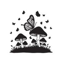 Enchanting Black and White Illustration of a Butterfly Hovering Over Mushrooms in a Serene Forest Meadow vector
