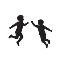 Joyful Silhouette of Two Boys Joyfully Leaping and Reaching Against a White Background, Illustrating Playful Energy and Childlike Freedom. vector