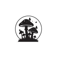 Enchanting Silhouette of Mushrooms and Butterflies in a Moonlit Forest, Magical Fantasy Art - Professional digital artwork with vibrant colors and detailed composition vector