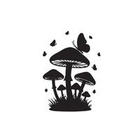Enchanting Silhouette of Mushrooms and Butterflies in a Serene Forest Setting, Peaceful Nature Illustration - Professional digital artwork with vibrant colors and detailed composition vector