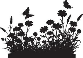 Serene Black Silhouette of Wildflowers and Butterflies in a Peaceful Meadow, Nature Art - Professional digital artwork with vibrant colors and detailed composition vector