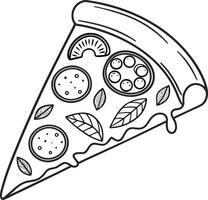 Delicious Hand-Drawn Slice of Pizza with Assorted Toppings, Melted Cheese, and Basil Leaves - A Yummy Culinary Illustration vector