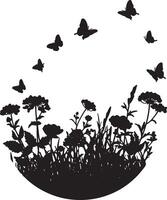 Serene Black and White Silhouette of Butterflies Dancing Over Lush Meadow Flowers in Peaceful Setting vector