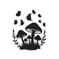 Enchanting Silhouette of Mushrooms and Butterflies Dancing in a Serene Forest Scene - Professional digital artwork with vibrant colors and detailed composition vector
