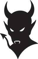 Menacing Devil Silhouette Dark, Mysterious Demon Head with Horns and Tail in Ominous Black and White Illustration vector