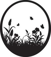 Serene Black and White Silhouette of Wildflowers and Butterflies in a Circular Frame, Peaceful Meadow Scene vector