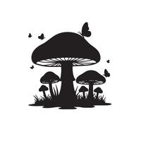 Enchanting Silhouette of Mushrooms and Butterflies in a Serene Forest Setting, Evoking a Magical Atmosphere vector