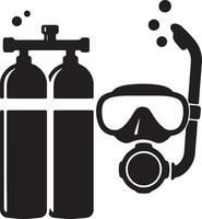 Serene Underwater Adventure Scuba Diving Equipment Icon Set, Illustrating Oxygen Tanks, Mask, and Snorkel for a Peaceful Ocean Dive vector