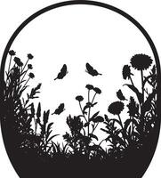 Serene Black Silhouette of Wildflowers and Butterflies in Oval Frame, Peaceful Nature Scene, Springtime Design vector