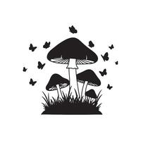 Enchanting Silhouette of Mushrooms and Butterflies in a Serene Forest Setting, Evoking a Magical and Whimsical Mood vector