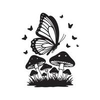 Enchanting Black and White Butterfly Hovering Over a Cluster of Mushrooms in a Mystical Forest Setting vector