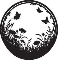 Serene Black and White Silhouette of Butterflies Dancing in a Summer Meadow, Circular Design, Peaceful Nature Scene vector