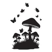 Enchanting Silhouette of Mushrooms and Butterflies in a Mystical Forest Setting, Peaceful Nature Scene - Professional digital artwork with vibrant colors and detailed composition vector