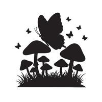 Serene Black Silhouette of Butterfly Hovering Over Magical Mushroom Patch in Enchanting Forest - Professional digital artwork with vibrant colors and detailed composition vector