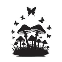Enchanting Silhouette of Mushrooms and Butterflies in a Mystical Forest Scene, Dark Fantasy Art - Professional digital artwork with vibrant colors and detailed composition vector