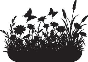 Serene Black Silhouette of Butterflies and Flowers Dancing in a Lush Meadow, Peaceful Nature Scene vector