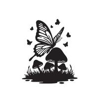 Enchanting Black and White Illustration of a Butterfly Landing on Mushrooms in a Mystical Forest Setting vector