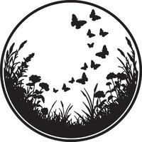 Serene Black and White Circular Design Butterflies Dancing Amidst Silhouetted Meadow Flowers - Professional digital artwork with vibrant colors and detailed composition vector