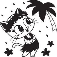 Adorable Cat in Hula Skirt Dancing Joyfully Under a Palm Tree on a Sunny Tropical Island vector