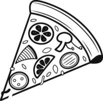Delicious Single Slice of Pizza with Assorted Toppings, Cartoon Style Line Art, White Background, Appetizing Illustration vector