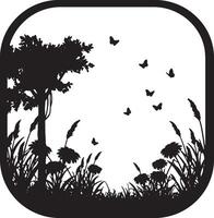 Serene Black and White Circular Design Silhouetted Butterflies Dancing Above a Peaceful Meadow of Flowers vector
