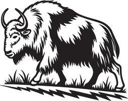 Majestic Yak Walking Through Grassland A Dramatic Black and White Illustration of a Powerful Himalayan Animal vector