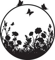 Serene Black and White Silhouette of Butterflies and Flowers in a Circular Garden Frame - Professional digital artwork with vibrant colors and detailed composition vector
