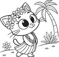 Adorable Kitten in a Hawaiian Lei Dances Joyfully on a Tropical Beach Coloring Page - Professional digital artwork with vibrant colors and detailed composition vector