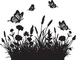Serene Black Silhouette of Butterflies Dancing Amongst Wildflowers in a Lush Meadow - Professional digital artwork with vibrant colors and detailed composition vector