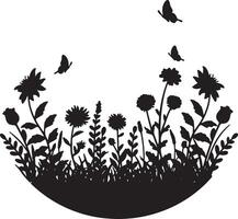 Serene Silhouette of Wildflowers and Butterflies in a Peaceful Meadow, Black and White Floral Design vector