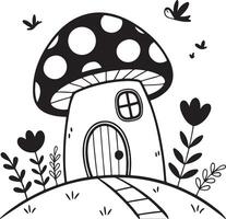 Adorable Black and White Illustration of a whimsical mushroom house nestled in a charming garden, featuring playful birds and flowers, creating a magical fairytale mood. vector